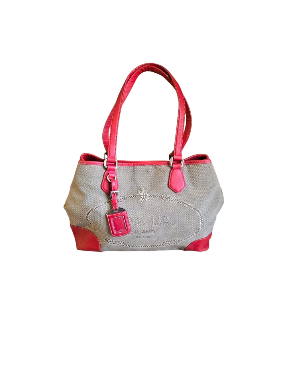 Prada Milano Beige Canvas Tote with Pink Trim
